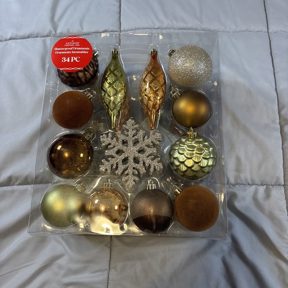 Ashland Shatterproof Ornaments 32 piece NEW Gold Glitter Copper Brown Christmas